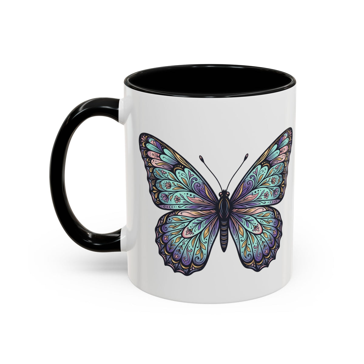 Butterfly Accent Coffee Mug — Teal Mandala Wing Design (11/15oz)