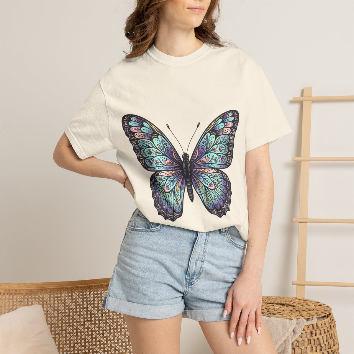 Butterfly Art T‑Shirt — Blue Purple Ornamental Butterfly Graphic Tee