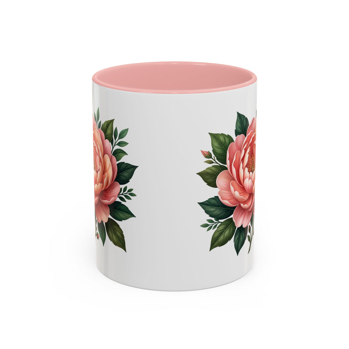 Floral Peony Accent Coffee Mug — Pink Rose Bloom Ceramic Cup