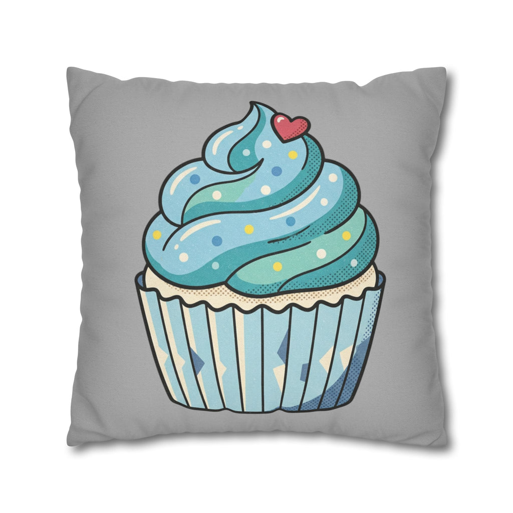 Cupcake Pillowcase — Cute Blue Dessert Decorative Throw Pillow- Light Grey