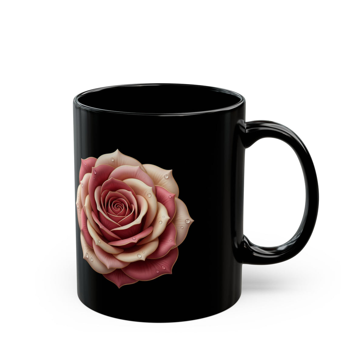 Black Rose Mug — Elegant Pink Rose on Black Ceramic (11oz & 15oz)