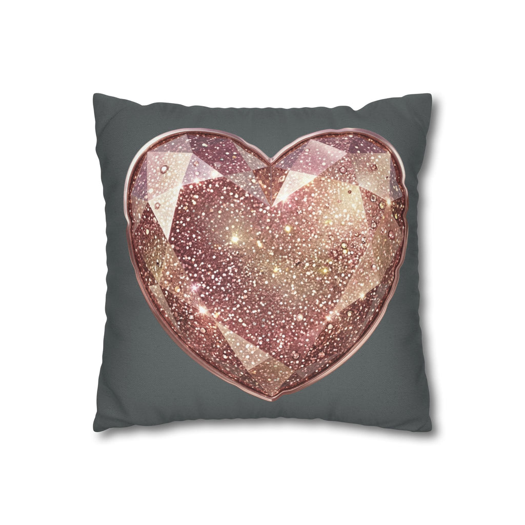Glitter Rose Crystal Heart Pillowcase — Sparkling Romantic Decorative Throw Pillow- Dark Grey