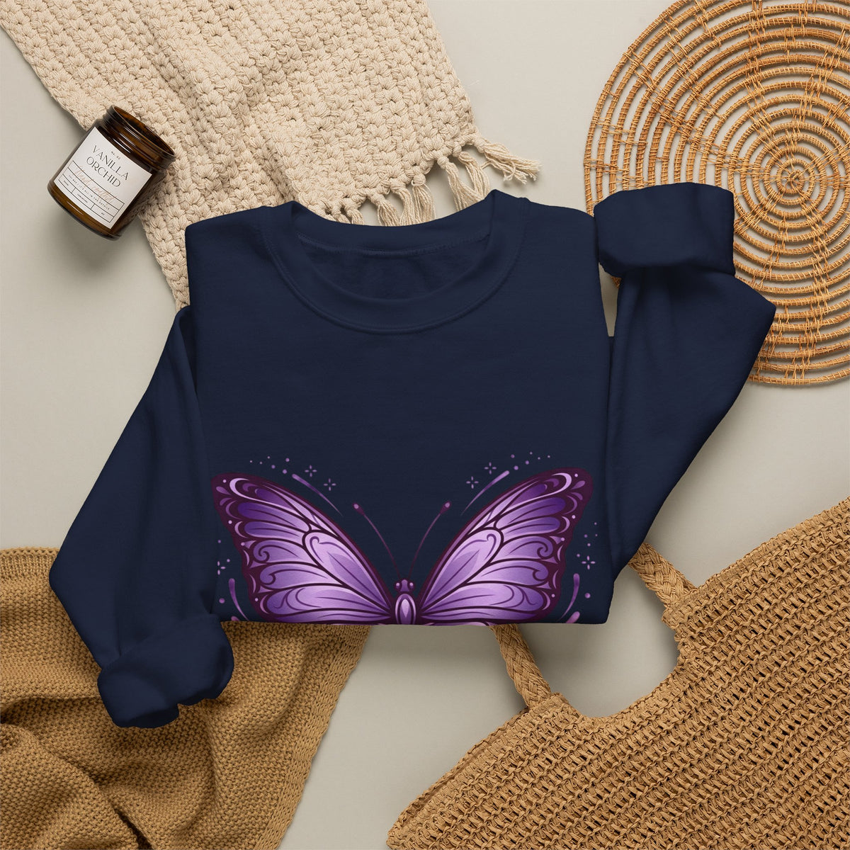 Purple Butterfly Crewneck Sweatshirt — Vibrant Graphic Butterfly Pullover