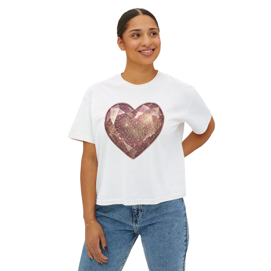 Glitter Gem Heart Boxy Tee — Women's Sparkle Heart Graphic Shirt