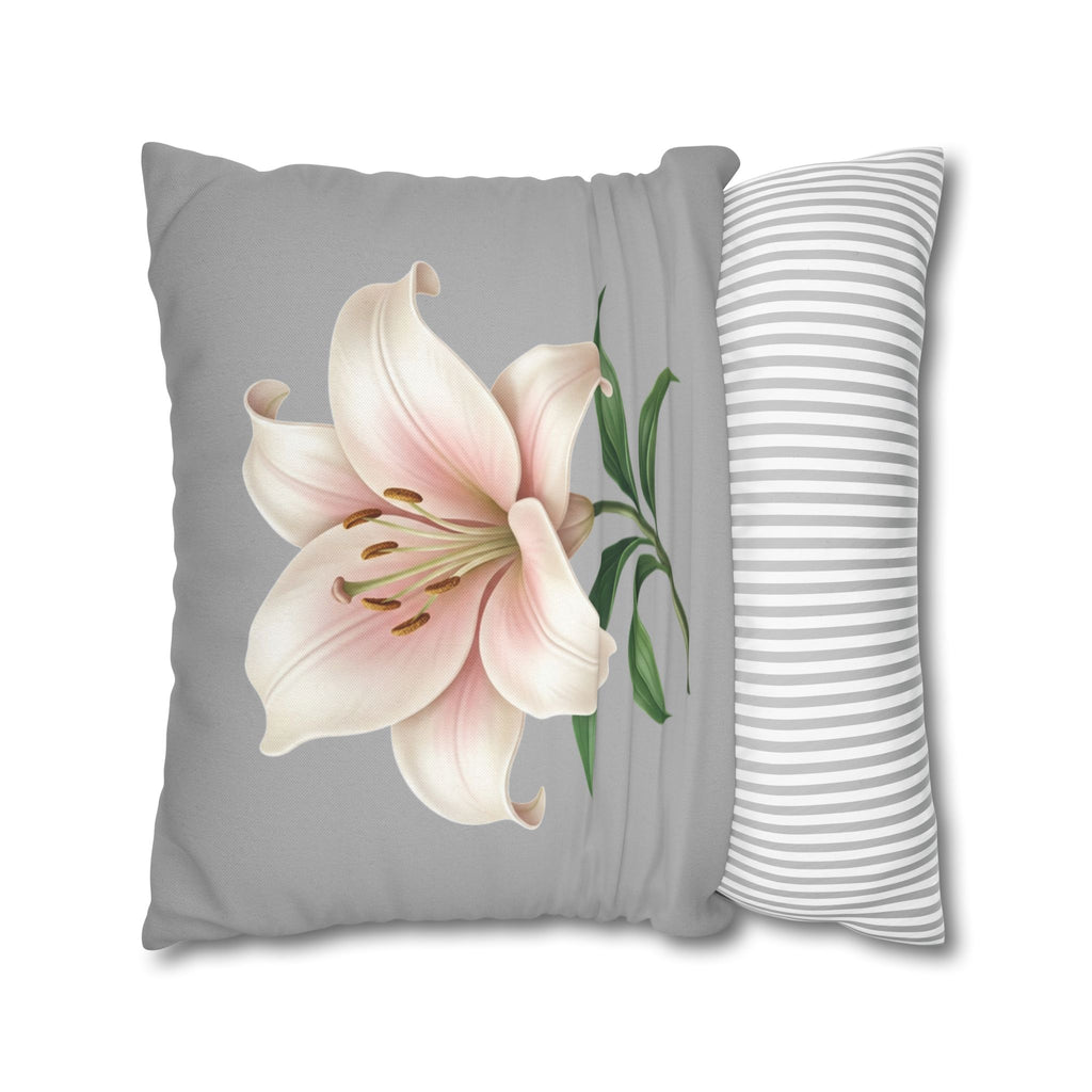 Floral Lily Throw Pillowcase — Pink Lily on Gray Decorative Cushion Cover