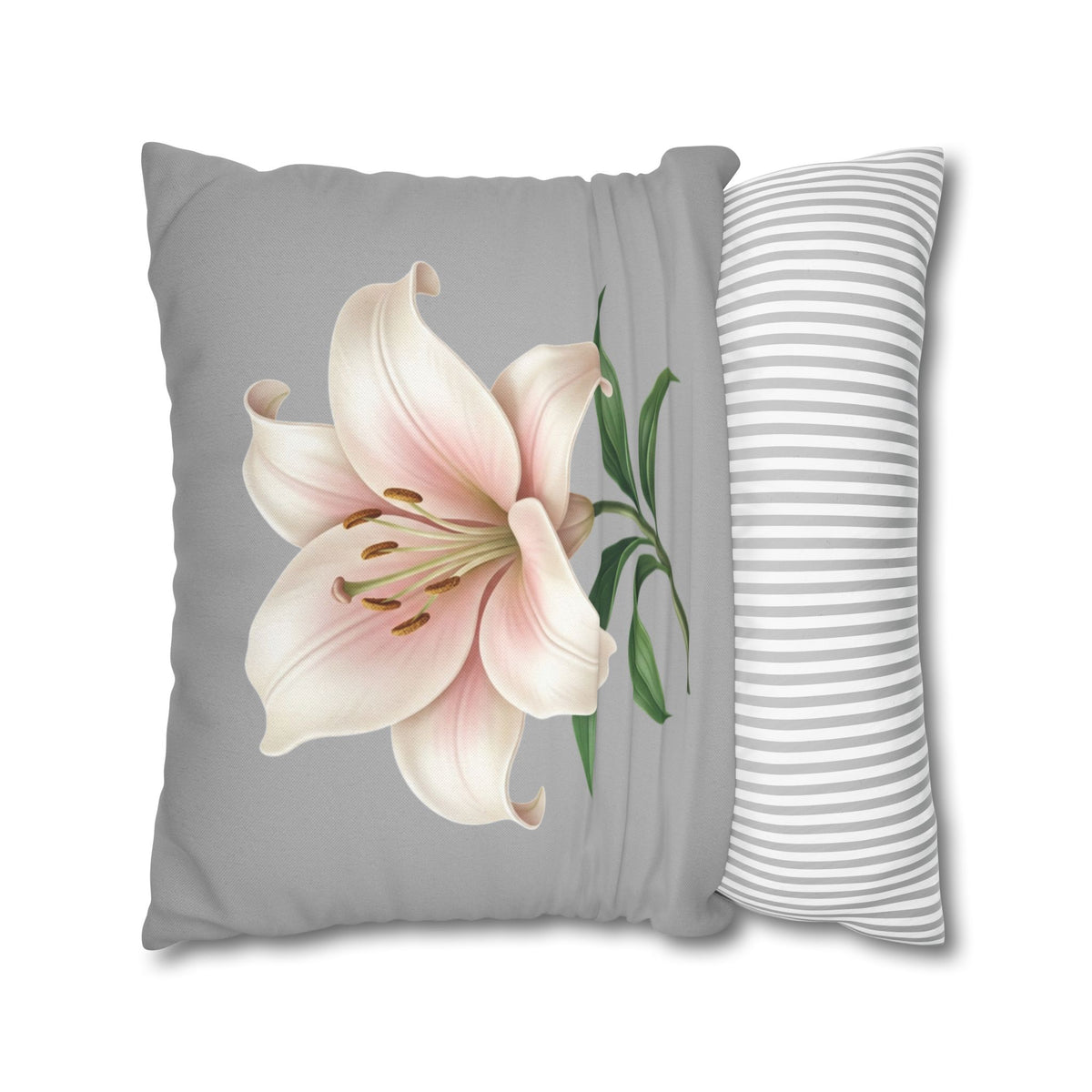 Floral Lily Throw Pillowcase — Pink Lily on Gray Decorative Cushion Cover