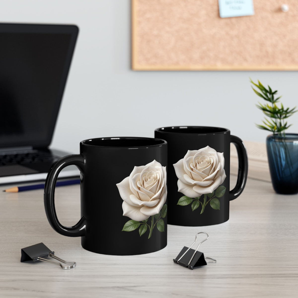 White Rose Black Mug — Elegant Floral Coffee Cup (11oz & 15oz)