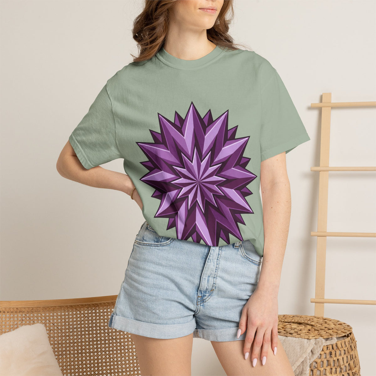 Purple Geometric Starburst T-Shirt — Bold 3D Floral Graphic Tee