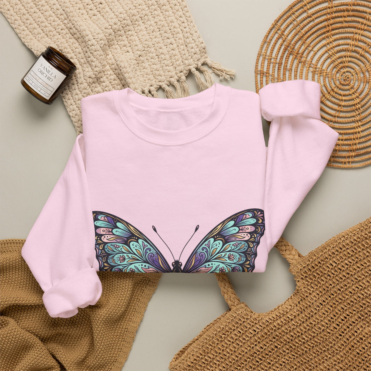 Butterfly Crewneck Sweatshirt – Teal Purple Watercolor Wing Design