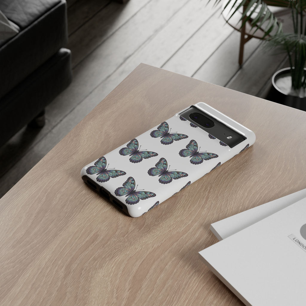 Butterfly Pattern Tough Phone Case — Vintage Teal Floral Protective Cover