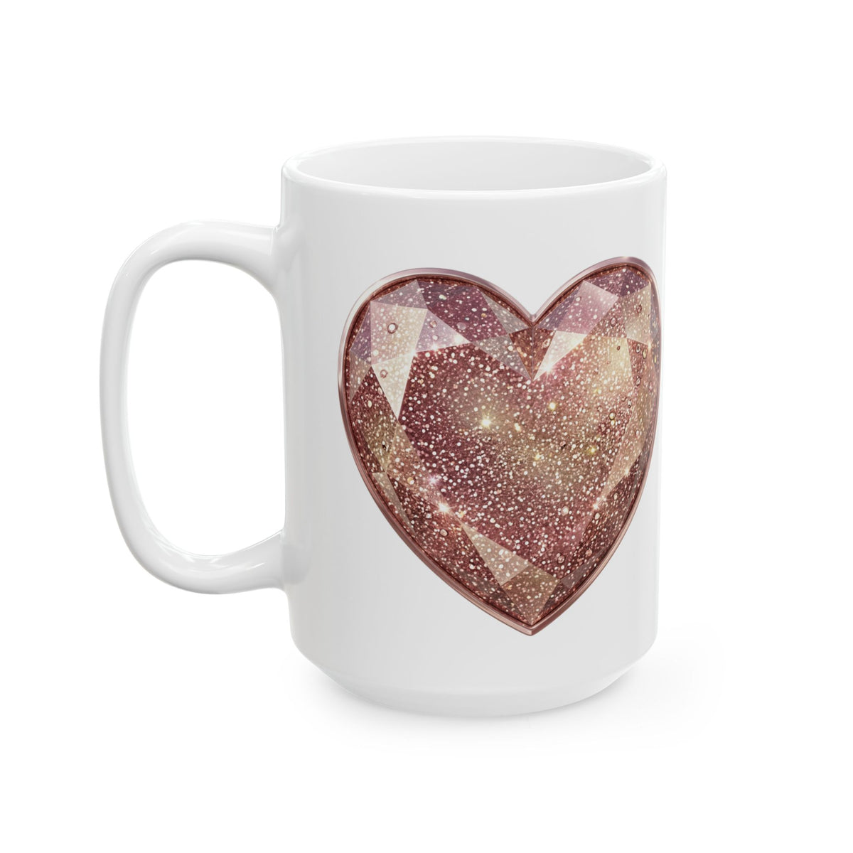 Sparkling Rose Gold Heart Ceramic Mug – Glitter Gemstone Love Coffee Cup (11oz, 15oz)
