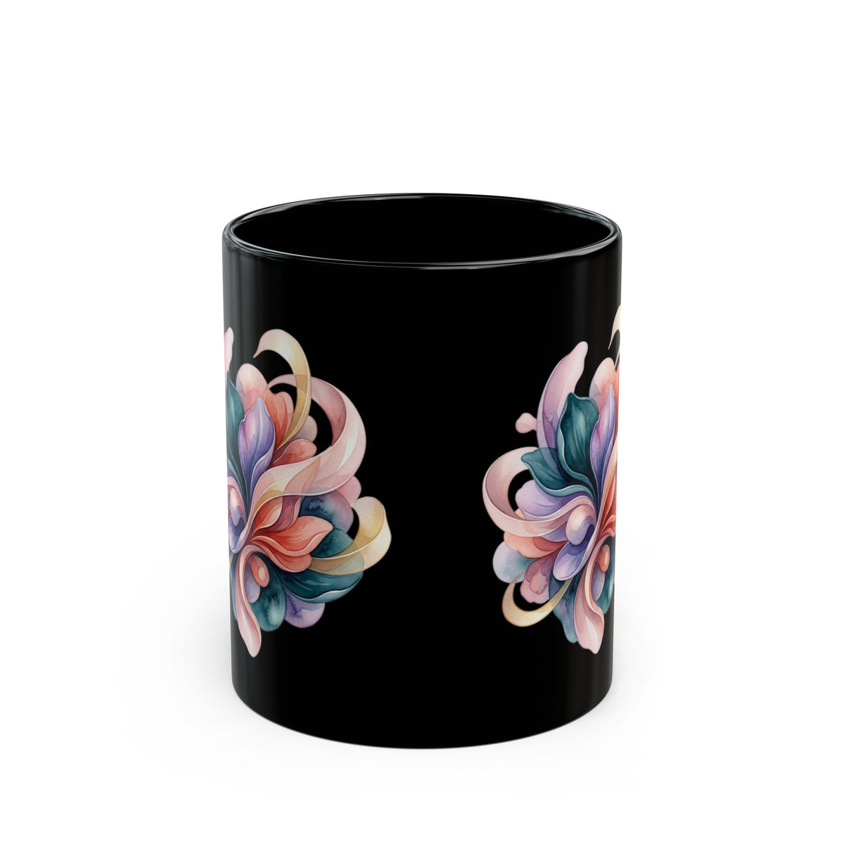 Floral Heart Black Mug — Colorful Watercolor Bouquet Coffee Cup (11oz & 15oz)