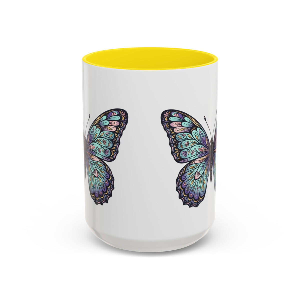 Butterfly Accent Coffee Mug — Teal Mandala Wing Design (11/15oz)
