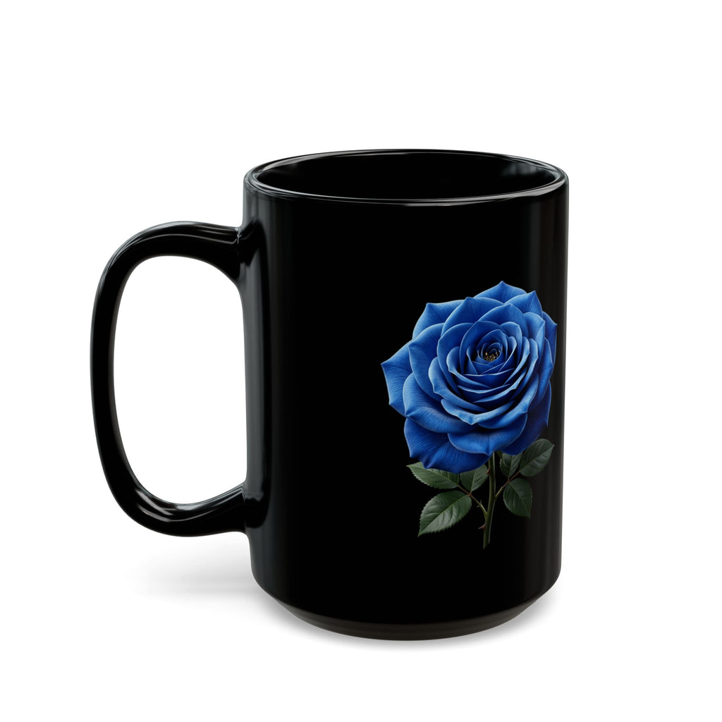 Blue Rose Black Mug — Elegant Floral Coffee Cup (11oz/15oz)