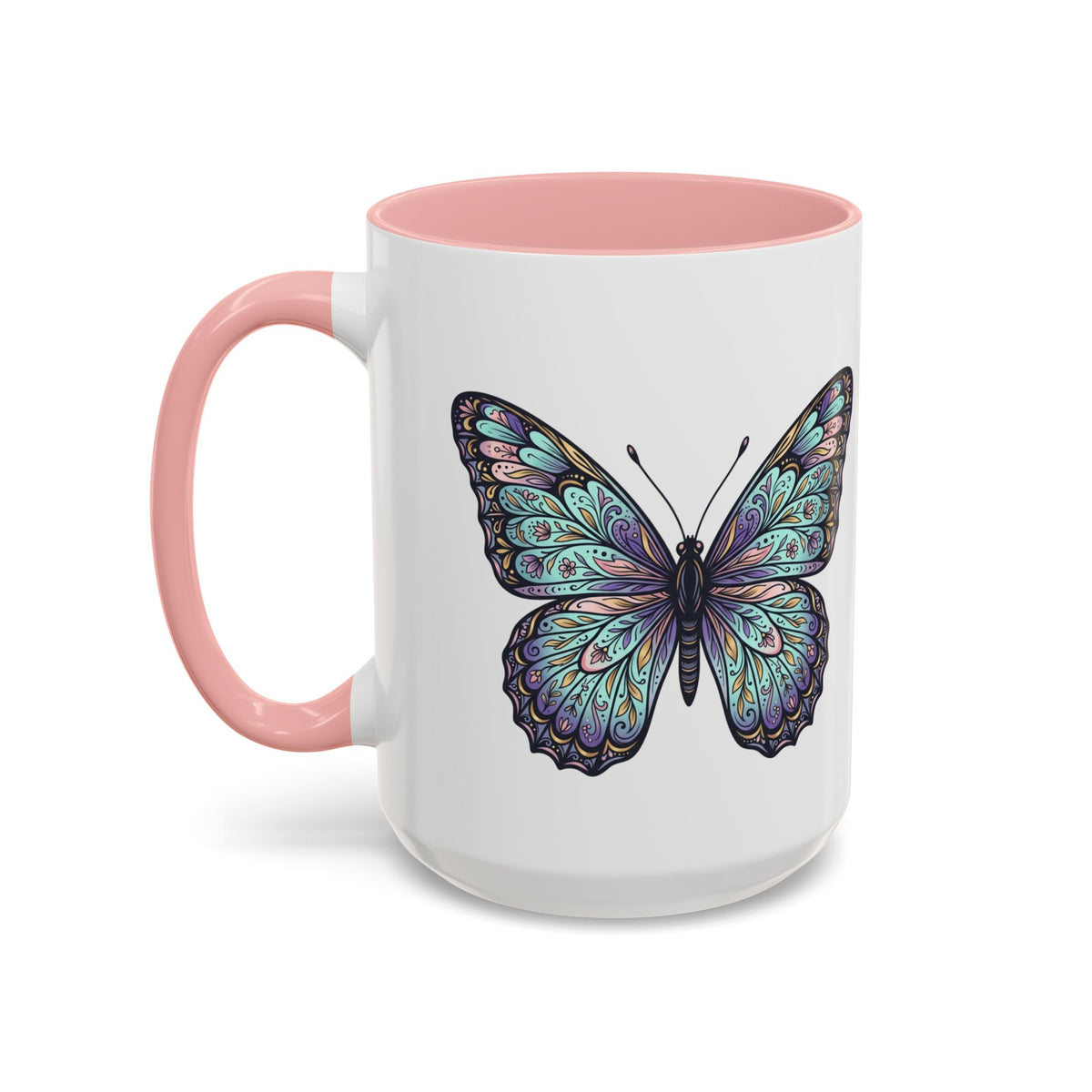 Butterfly Accent Coffee Mug — Teal Mandala Wing Design (11/15oz)