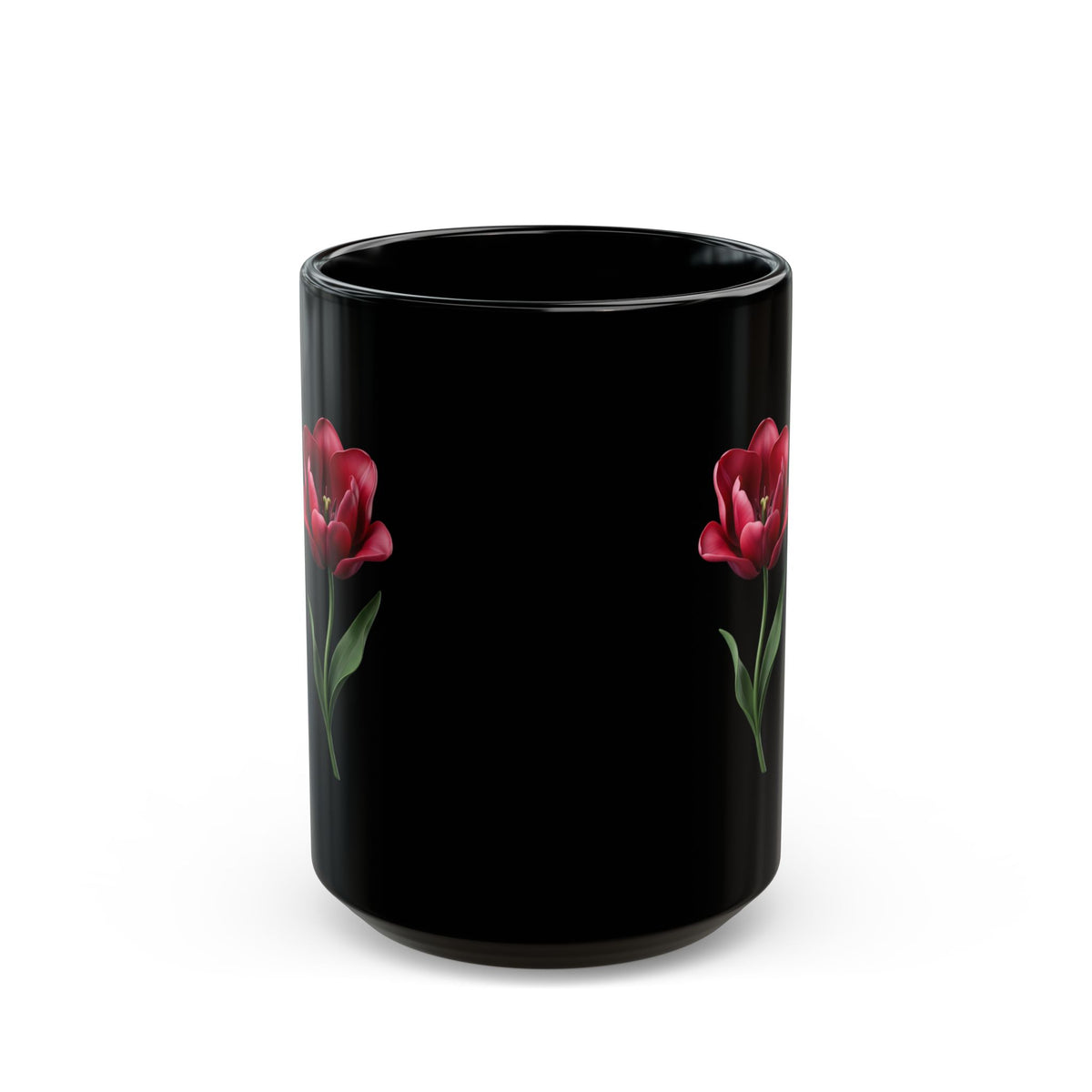 Black Floral Mug — Red Tulip Ceramic Coffee Cup (11oz & 15oz)