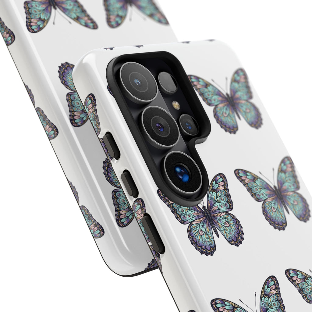 Butterfly Pattern Tough Phone Case — Vintage Teal Floral Protective Cover