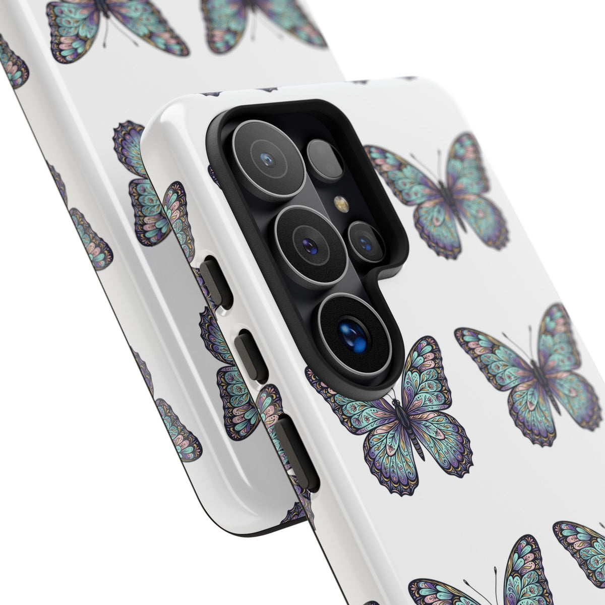 Butterfly Pattern Tough Phone Case — Vintage Teal Floral Protective Cover