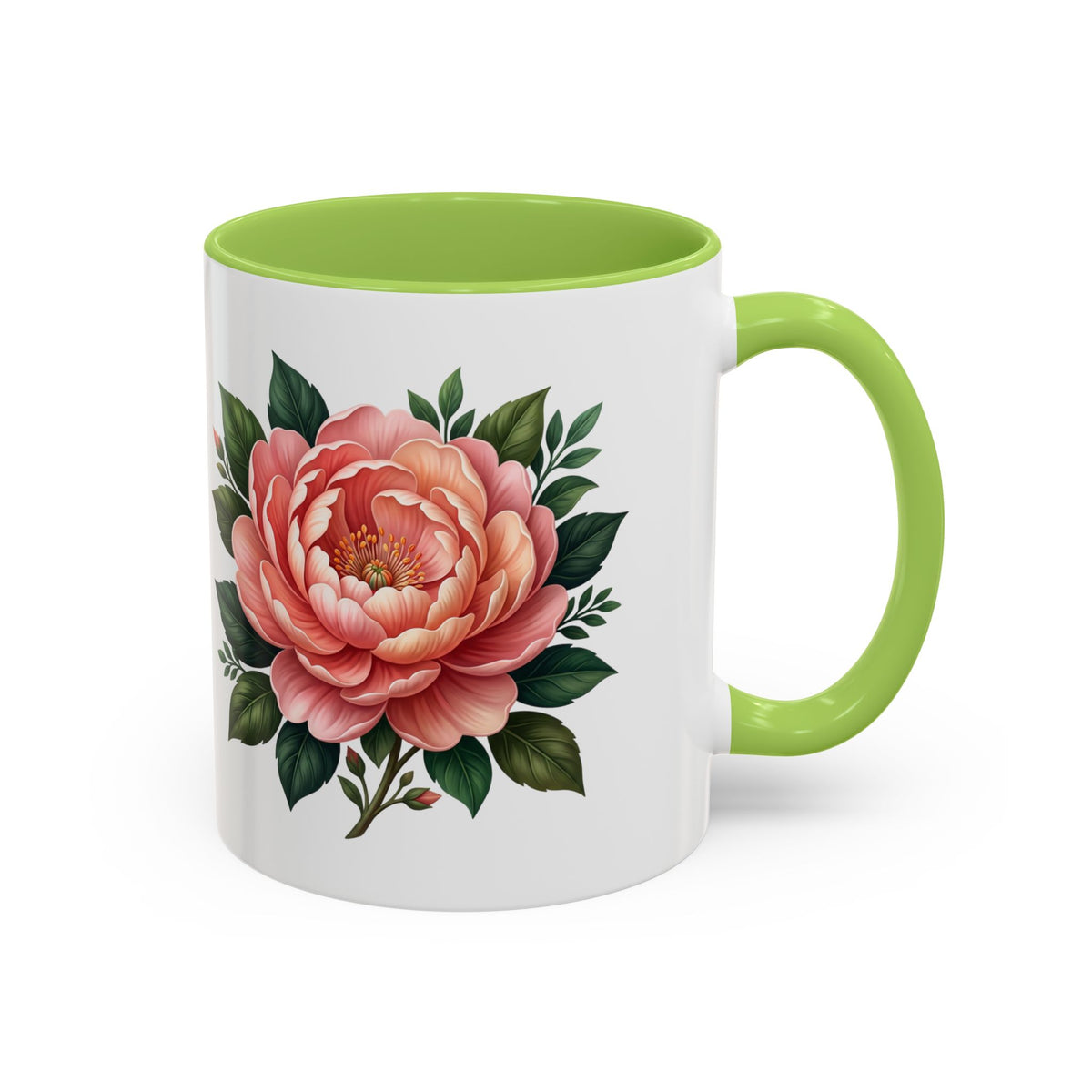 Floral Peony Accent Coffee Mug — Pink Rose Bloom Ceramic Cup