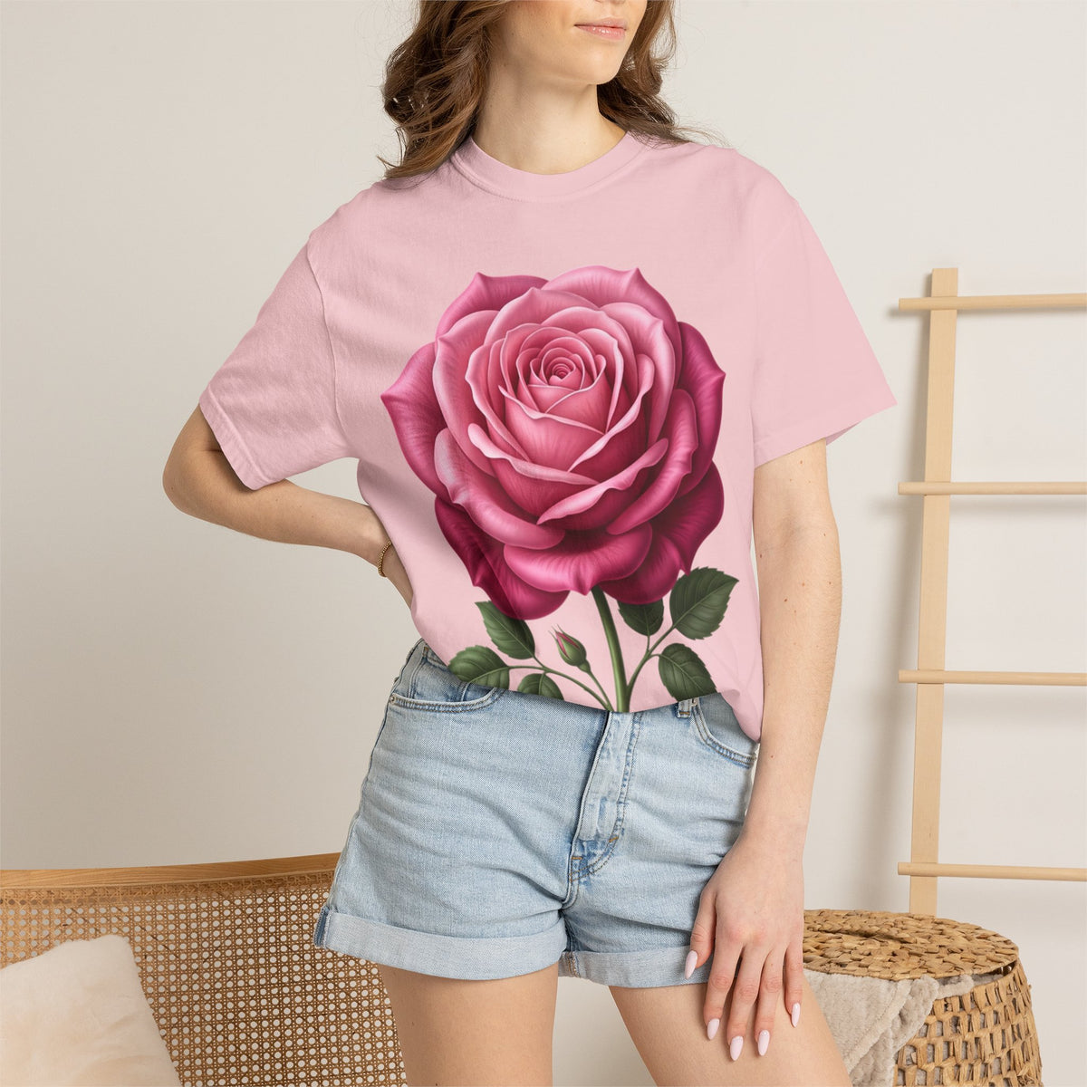 Vintage Pink Rose T-Shirt — Botanical Floral Graphic Tee