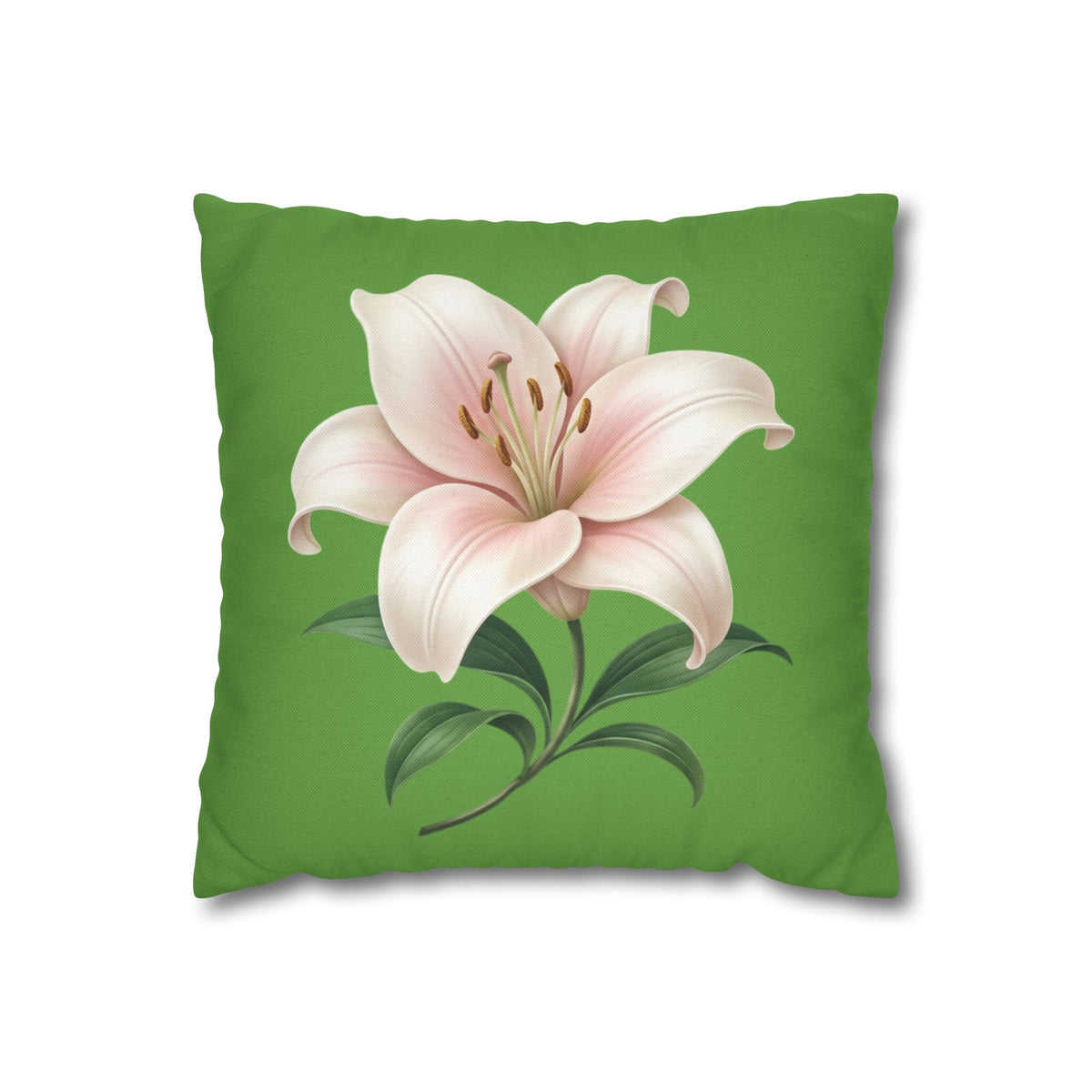 Pink Lily Floral Pillowcase — Green Square Decorative Pillow Cover