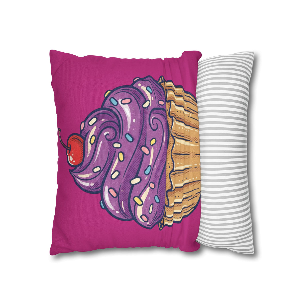 Cupcake Illustration Pillowcase - Purple Frosting Decorative Throw Pillow Cover- Magenta