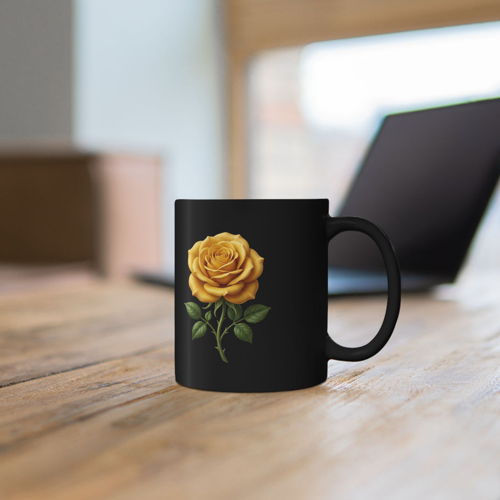 Yellow Rose Black Mug — Elegant Floral Coffee Cup (11oz & 15oz)
