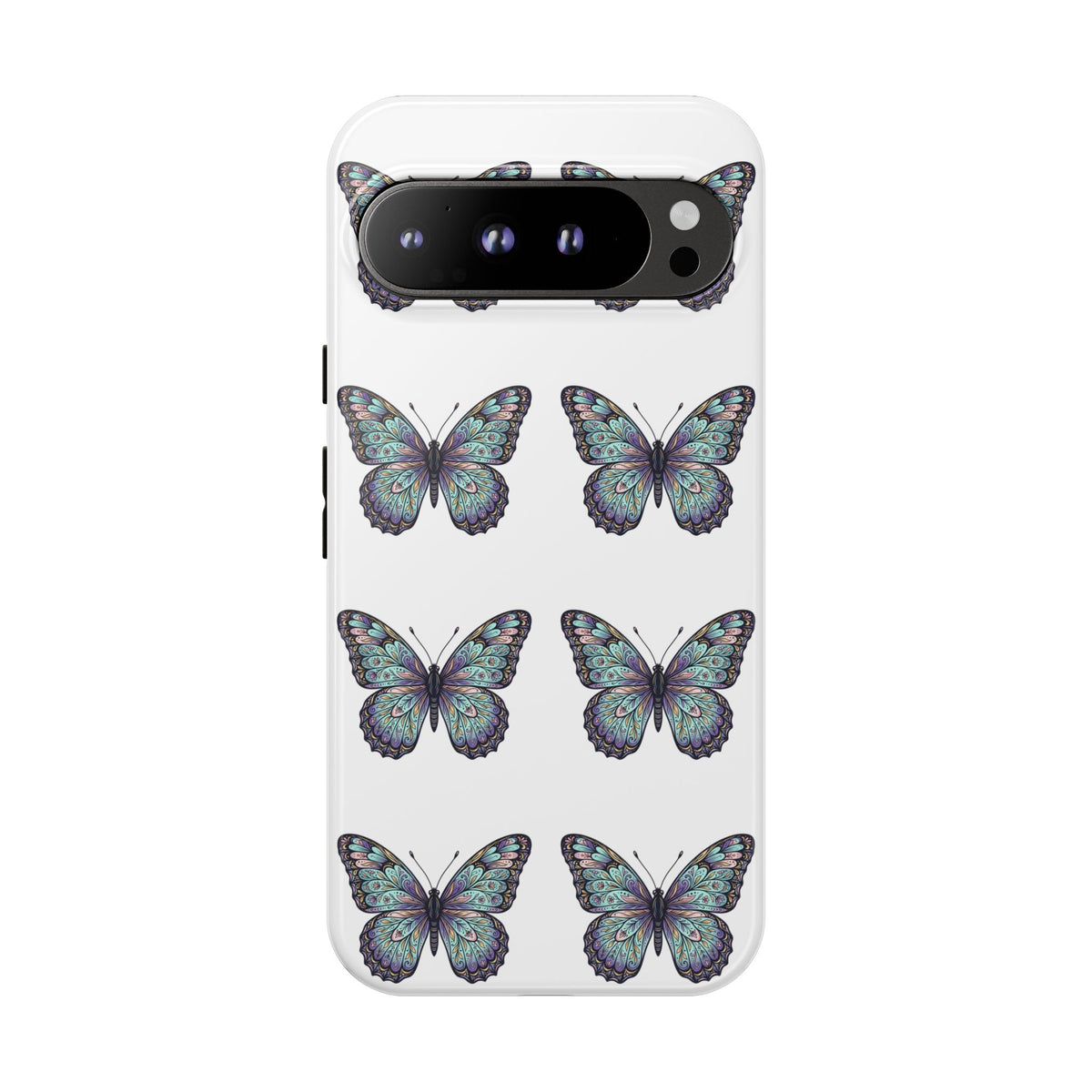 Butterfly Pattern Tough Phone Case — Vintage Teal Floral Protective Cover
