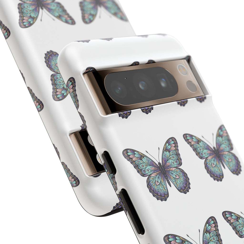Butterfly Pattern Tough Phone Case — Vintage Teal Floral Protective Cover