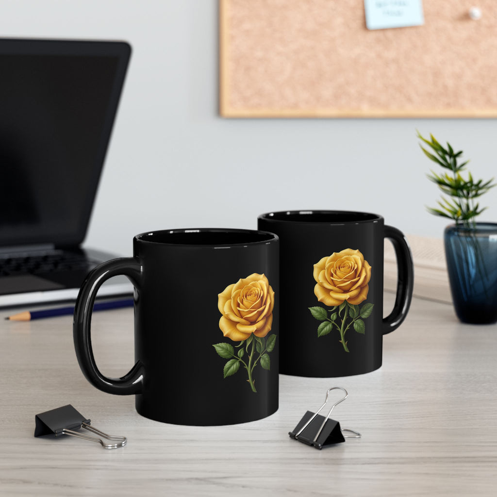 Yellow Rose Black Mug — Elegant Floral Coffee Cup (11oz & 15oz)