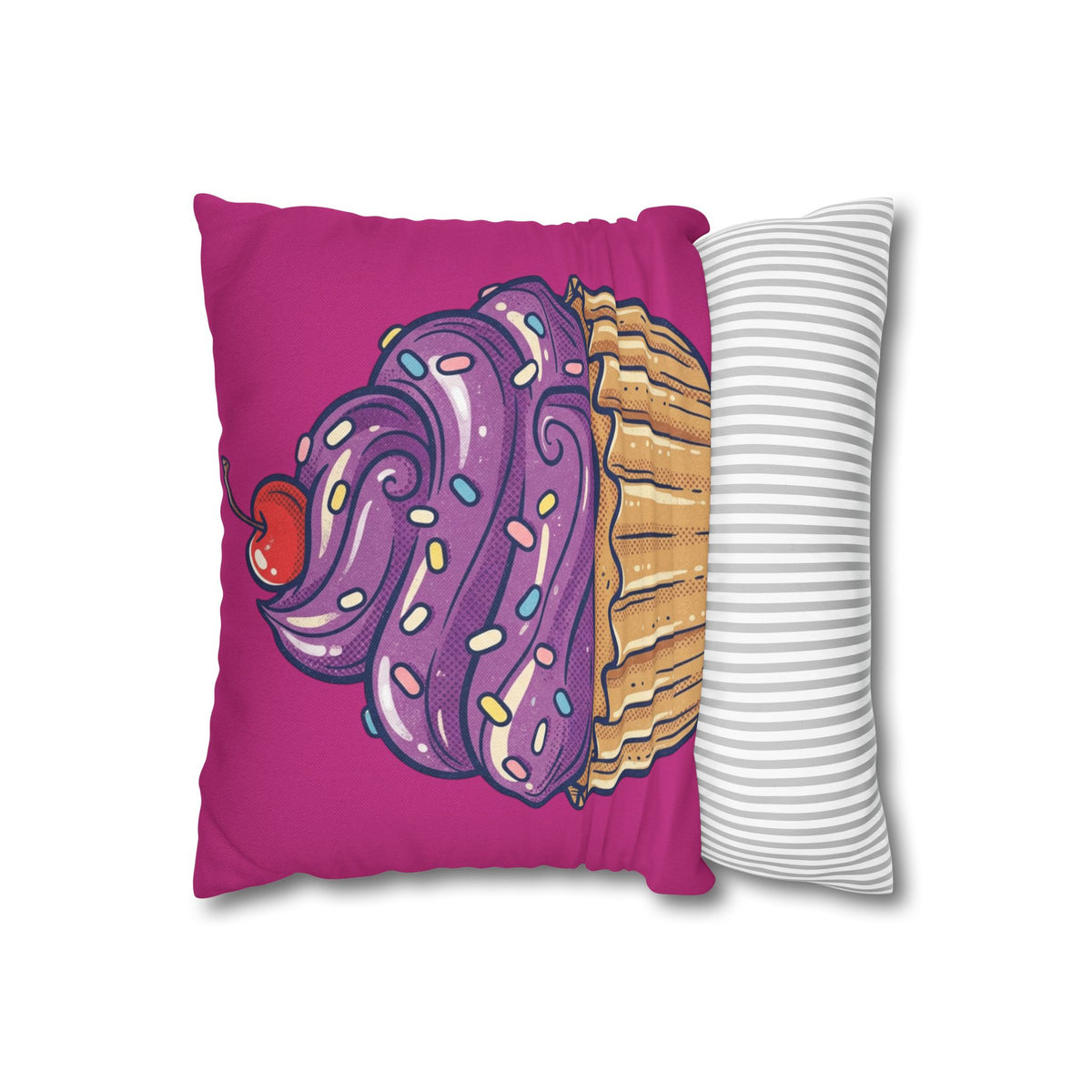 Cupcake Illustration Pillowcase - Purple Frosting Decorative Throw Pillow Cover- Magenta