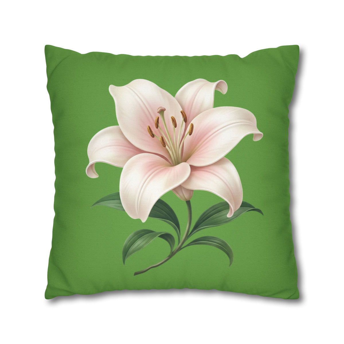 Pink Lily Floral Pillowcase — Green Square Decorative Pillow Cover
