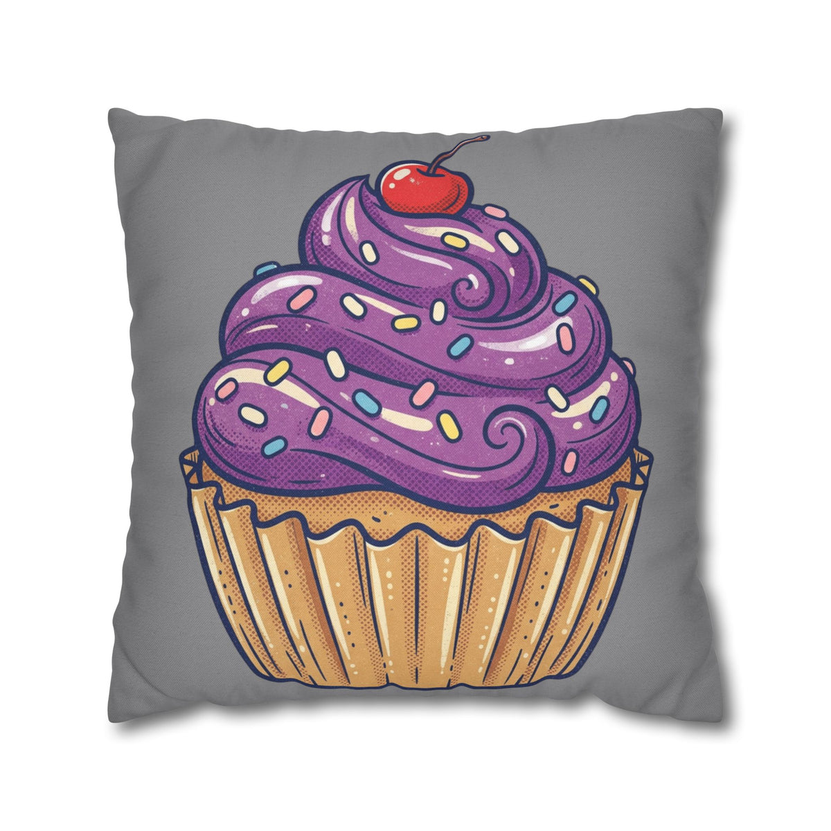 Cupcake Pillowcase — Whimsical Purple Frosting Decorative Throw Pillow- Grey