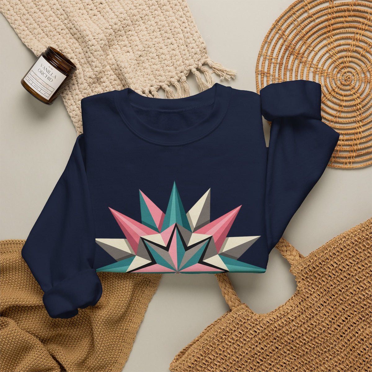 Geometric Starburst Crewneck Sweatshirt — Pink Teal Modern Compass Design