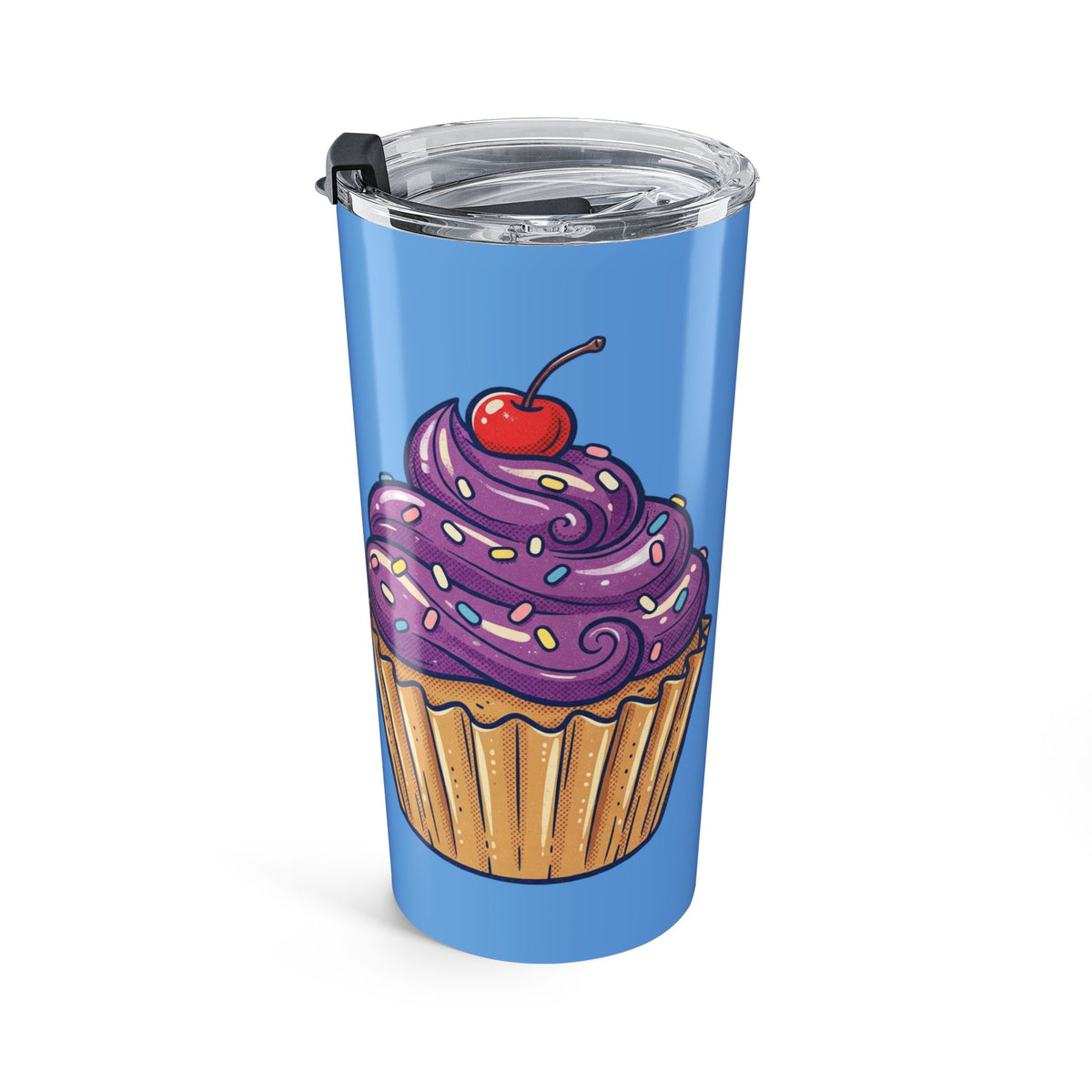 20oz Cup Tumbler Light Blue with Purple Cupcake Design — Insulated Travel Mug for Bakers & Dessert Lovers