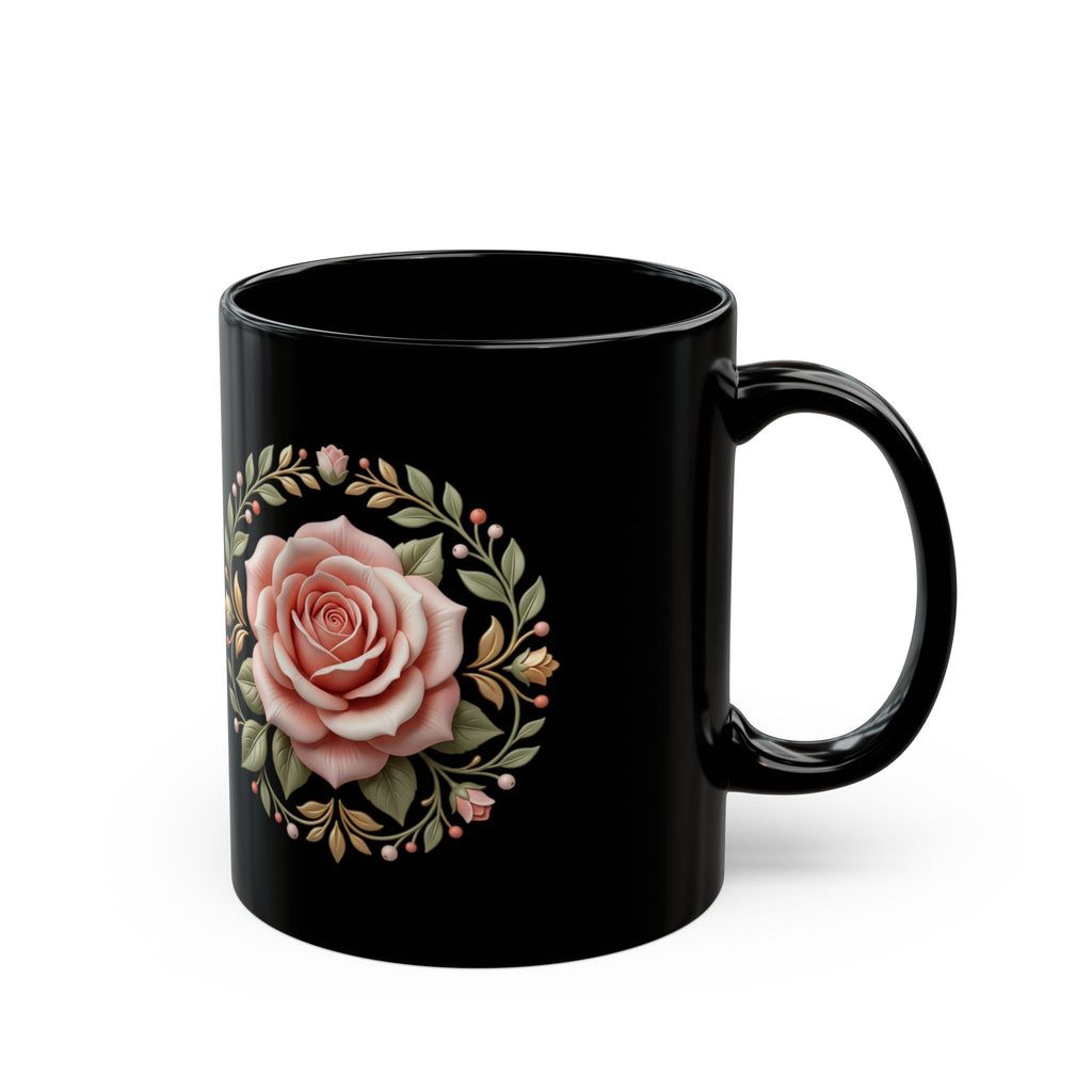 Black Rose Ceramic Mug — Elegant Pink Floral Coffee Cup (11oz & 15oz)