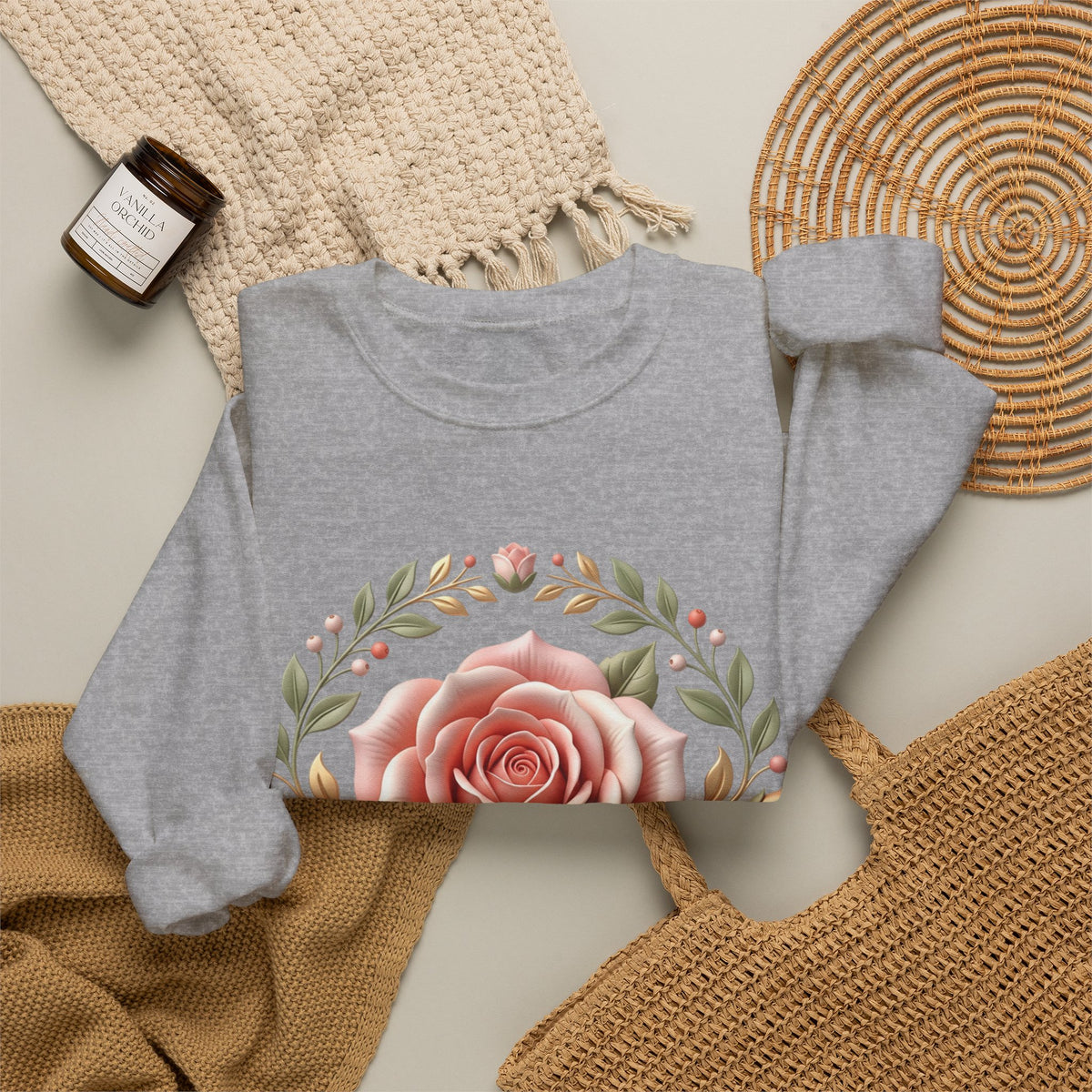 Rose Wreath Crewneck Sweatshirt — Vintage Floral Rose Pullover