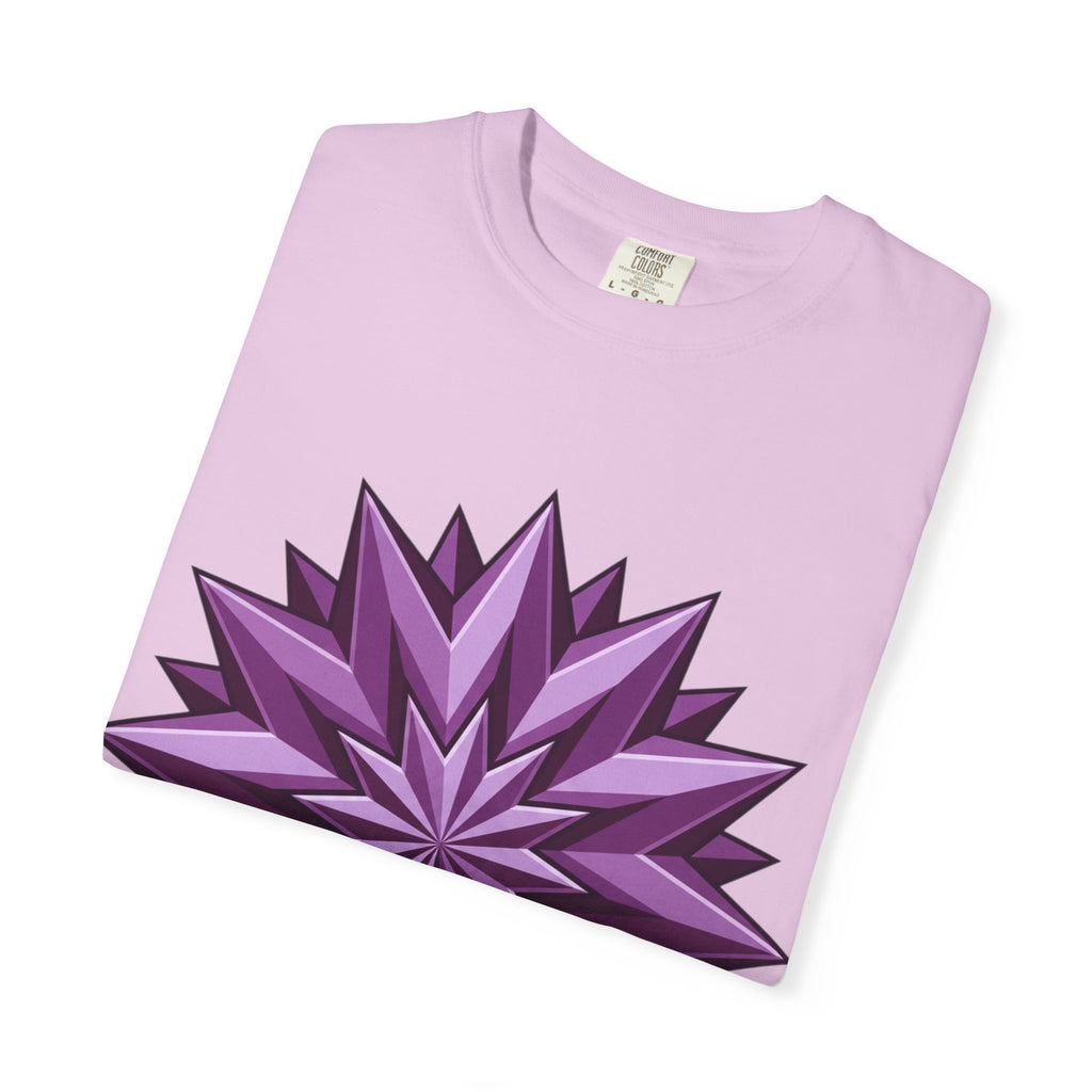 Purple Geometric Starburst T-Shirt — Bold 3D Floral Graphic Tee