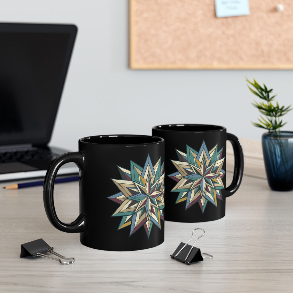 Geometric Starburst Black Ceramic Mug — 11oz & 15oz