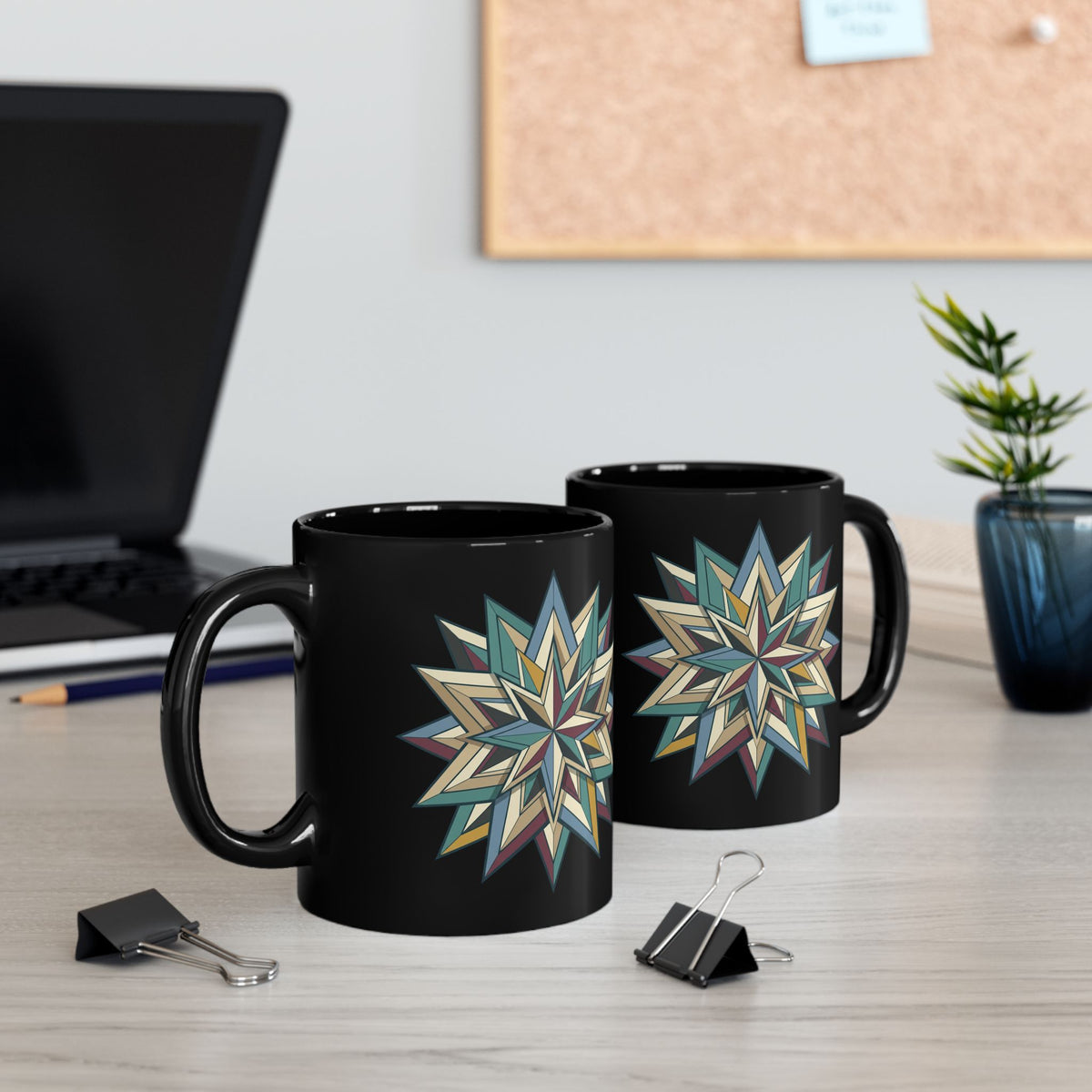 Geometric Starburst Black Ceramic Mug — 11oz & 15oz