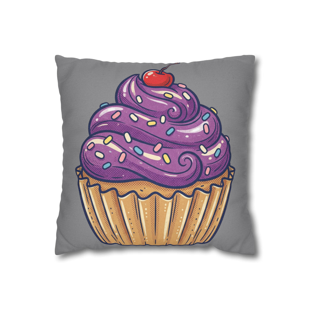 Cupcake Pillowcase — Whimsical Purple Frosting Decorative Throw Pillow- Grey
