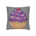 Cupcake Pillowcase — Whimsical Purple Frosting Decorative Throw Pillow- Grey