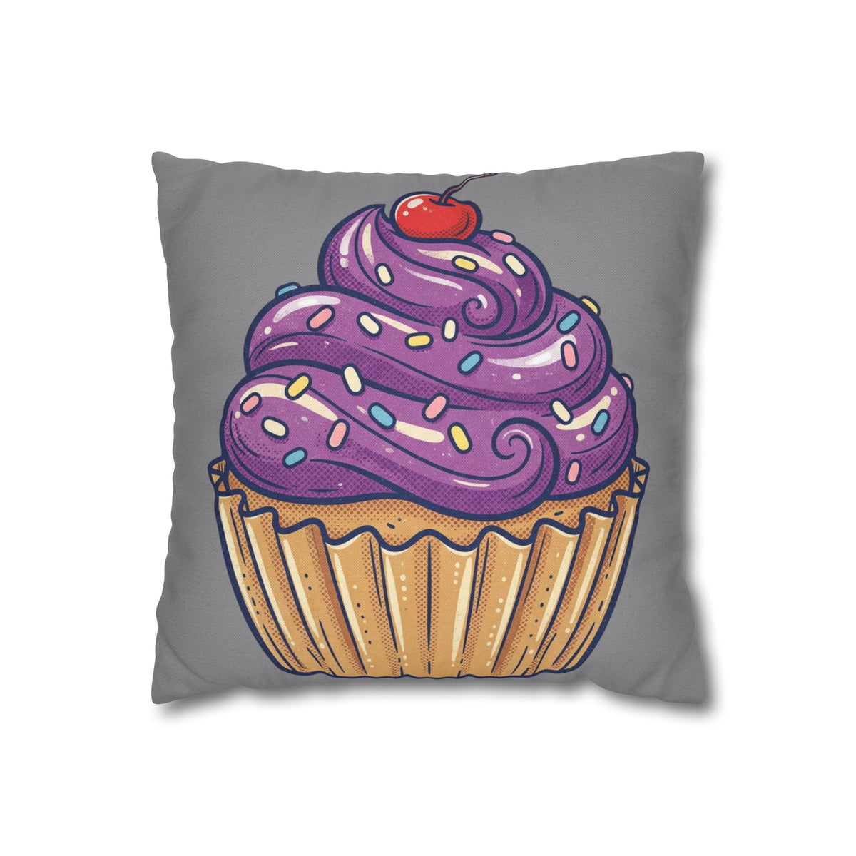 Cupcake Pillowcase — Whimsical Purple Frosting Decorative Throw Pillow- Grey