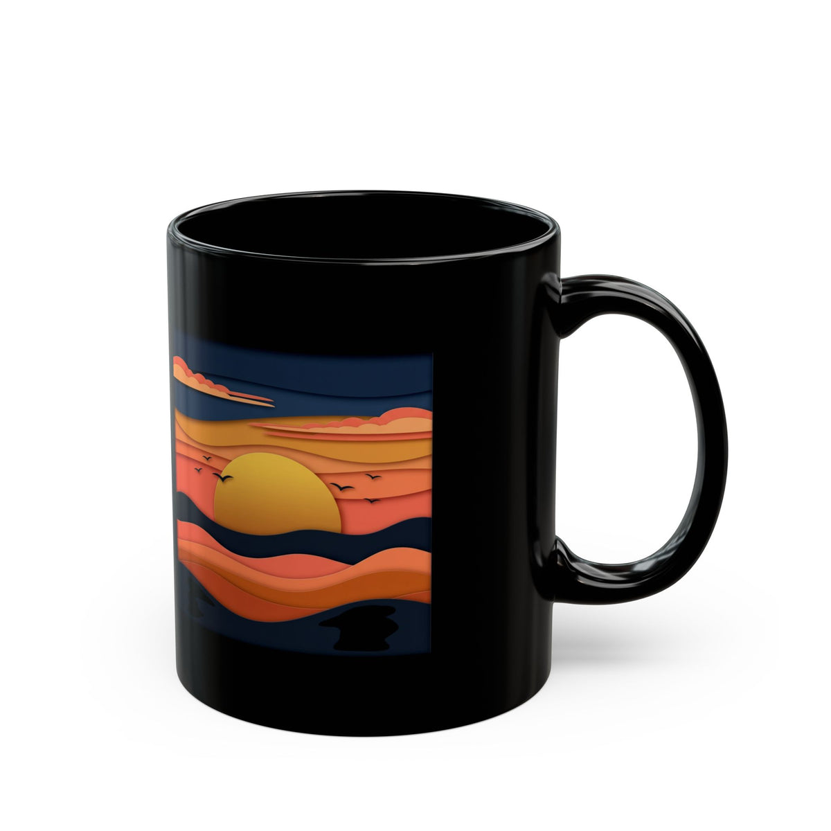 Sunset Waves Black Mug — Retro Ocean Sunrise Coffee Cup (11oz & 15oz)