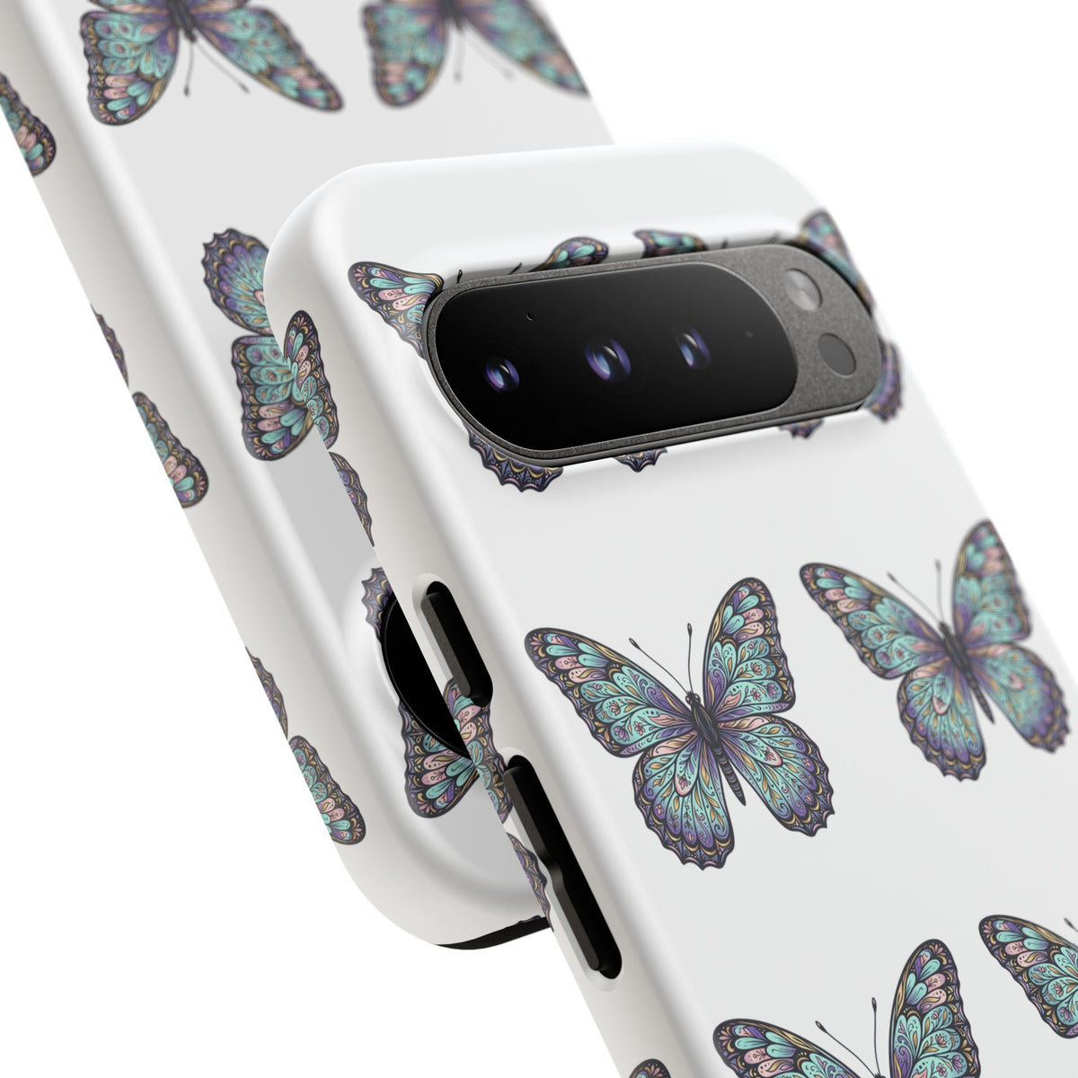 Butterfly Pattern Tough Phone Case — Vintage Teal Floral Protective Cover