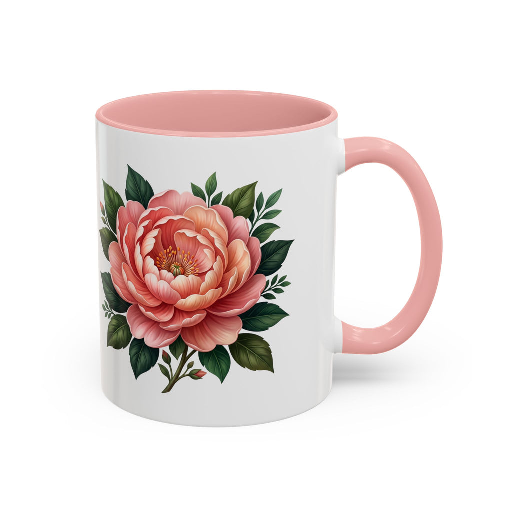 Floral Peony Accent Coffee Mug — Pink Rose Bloom Ceramic Cup