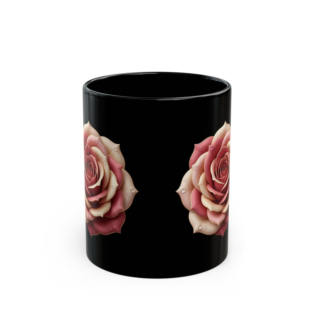 Black Rose Mug — Elegant Pink Rose on Black Ceramic (11oz & 15oz)