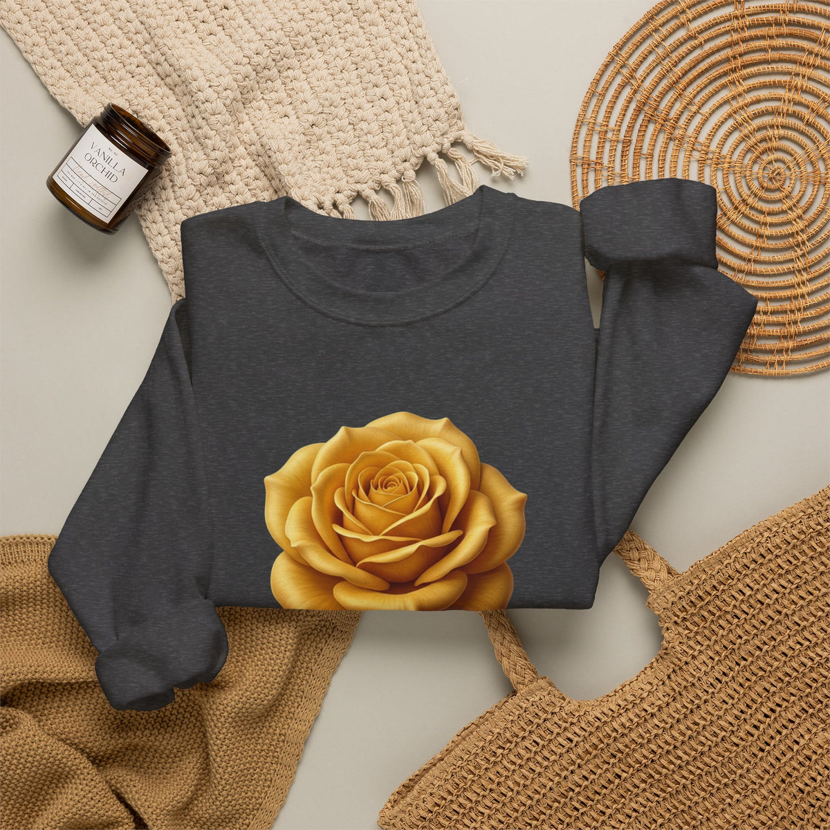 Yellow Rose Crewneck Sweatshirt — Vintage Floral Graphic