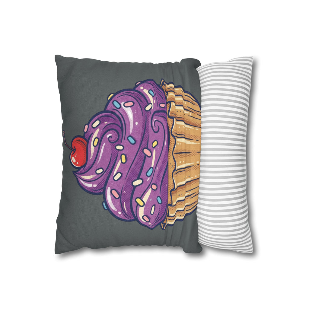 Cupcake Pillowcase — Whimsical Purple Frosting Decorative Throw Pillow- Dark Grey