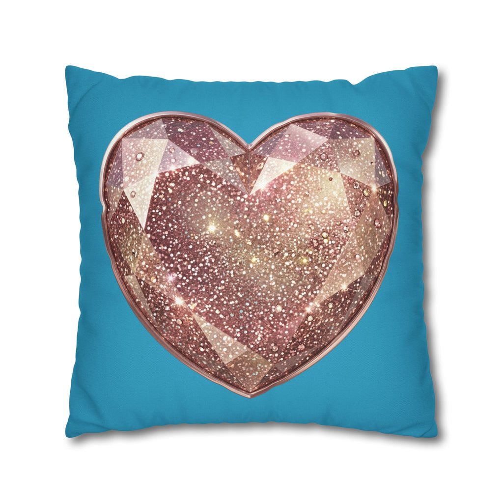 Sparkling Rose Crystal Heart Pillowcase — Decorative Square Throw Pillow Cover- Turquoise